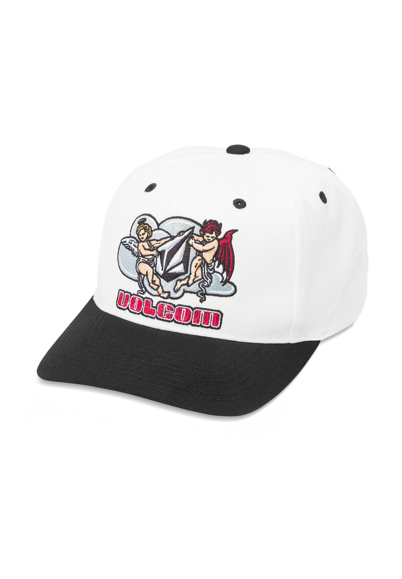 Weißer Hut mit schwarzem Schirm, verziert mit gestickten Engelchen und Wolken, sowie dem "VOLCOM"-Logo in Rot. Strukturierte Form und verstellbarer Riemen.