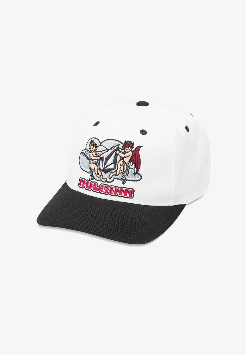 Weißer Hut mit schwarzem Schirm, verziert mit gestickten Engelchen und Wolken, sowie dem "VOLCOM"-Logo in Rot. Strukturierte Form und verstellbarer Riemen.