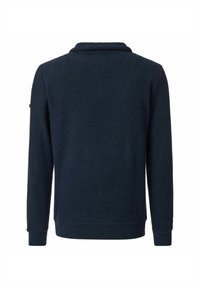 Dunkelblaues Sweatshirt mit gerippter Textur, langen Ärmeln und umgeschlagenem Kragen. Enthält ein dezentes Logo-Detail am linken Ärmel.