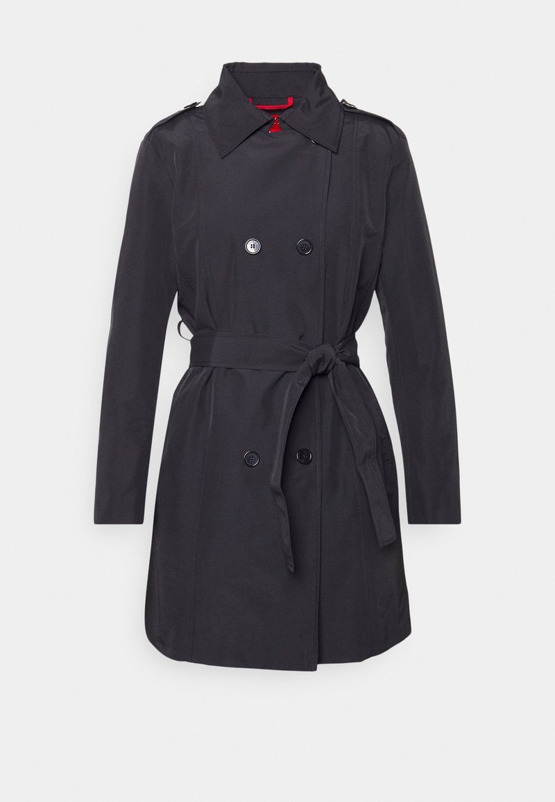 Trench-coat noir croisé en tissu lisse, avec taille ceinturée, col pointu et épaulettes.