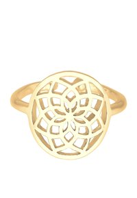 Guld ring med et cirkulært design, der har indviklede udskårne blomster mønstre og en glat, poleret band.