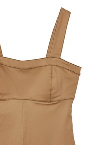 Tansfarbene ärmellose Kleid mit breiten Trägern und sichtbaren Nahtdetails im Brust- und Taillenbereich.