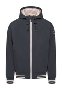 Veste à capuche marine avec un intérieur beige clair, fermeture éclair à l'avant et des poignets et un ourlet en côtes rayées. Comprend des poches latérales et un patch logo.