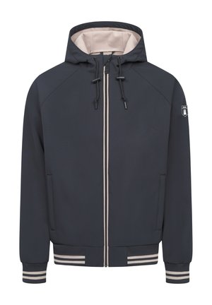 Marineblaues Kapuzenshirt mit einem hellbeigen Innenfutter, Frontreißverschluss und gestreiften Rippbündchen sowie -saum. Verfügt über Seitentaschen und ein Logo-Patch.