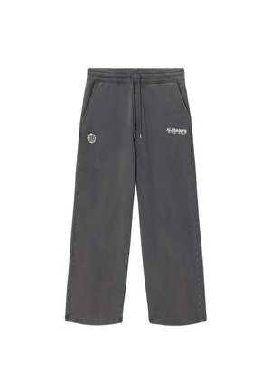 Σκούρες γκρι φαρδιές φόρμες με ελαστική μέση, κορδόνι, πλαϊνές τσέπες και μικρά λευκά λογότυπα του πλανήτη και της μάρκας μπροστά.