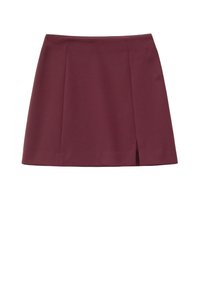 Bordeaux farbene Minirock mit geradem Schnitt, seitlichem Schlitz und glatter Stofftextur. Hat ein einfaches Design und keine sichtbaren Beschläge oder Akzente.