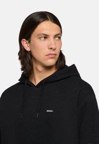 Felpa nera con cappuccio e coulisse, caratterizzata da un piccolo logo Dickies nero sul petto. Texture morbida e vestibilità rilassata.