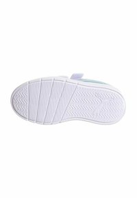 Suela de zapatilla blanca con un patrón de espiga texturizado, que presenta un acabado liso y una sutil impresión de logo cerca del talón.