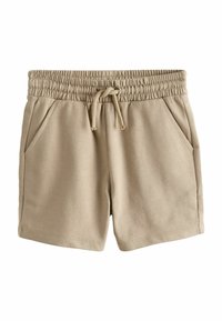 Pantaloncini beige in misto cotone con vita elastica e coulisse, dotati di due tasche laterali e una texture liscia.