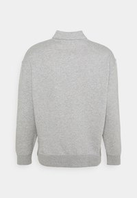 Grå sweatshirt med höjd krage, långa ärmar och ribbade mudd. Tillverkad av mjukt tyg med en slät yta. Visad bakifrån.