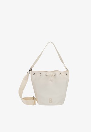 Vedrasta torbica v krem barvi z zapiranjem na vrvico, širokim nastavljivim naramnim trakom in majhnim logotipom "B" na sprednji strani.