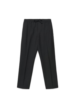 Pantaloni neri a gamba dritta con vita elasticizzata e coulisse frontale, mostrati su sfondo bianco.