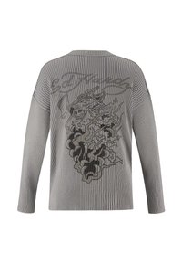 Gray ribbed knit pullover with long sleeves and a large graphic design in black on the back. The texture is soft and slightly stretchy.