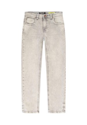 Helle graue Denimjeans mit geradem Schnitt, Fünf-Taschen-Design und Logopatch auf der Vorderseite. Mit Reißverschluss und Knopfverschluss ausgestattet.