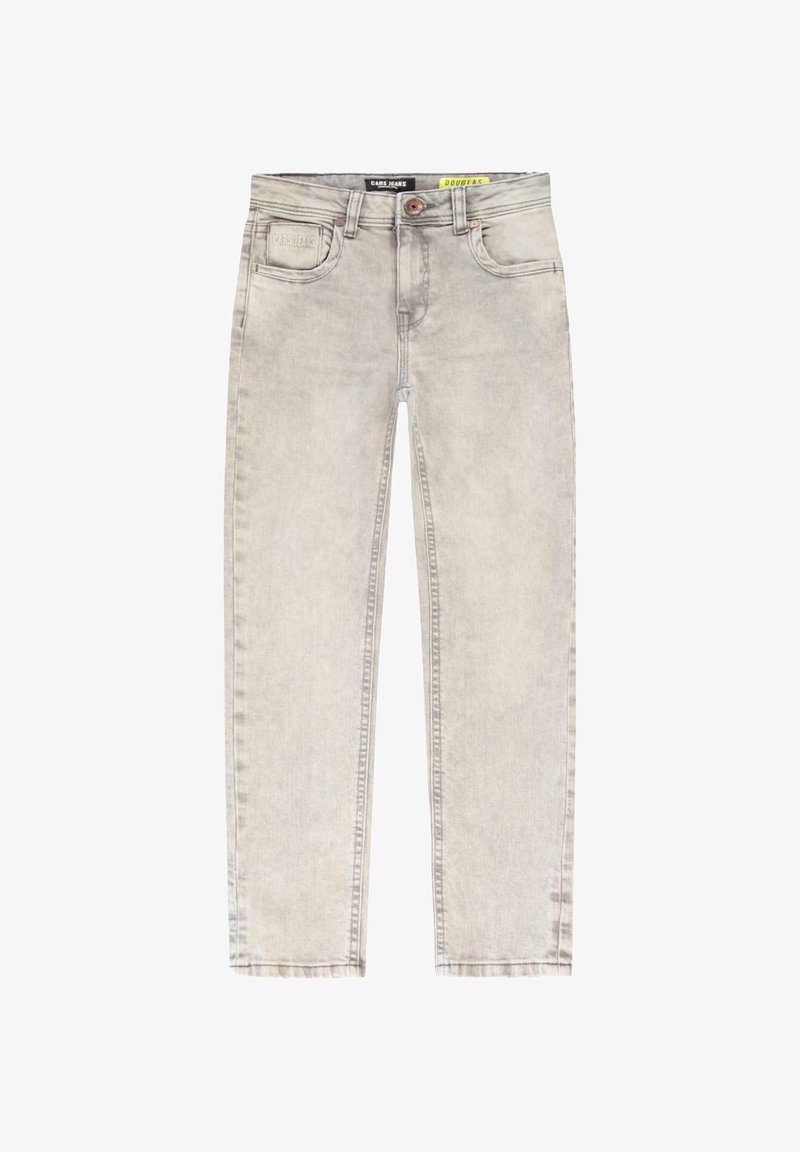 Lichtgrijze denim jeans met een rechte pasvorm, vijf-vakken ontwerp en logopatch aan de voorkant. Heeft een ritssluiting en een knoopsluiting.