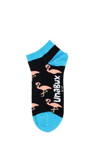 Schwarze Knöchelsocken mit rosa Flamingo-Muster und hellblauen Akzenten am Bündchen und an der Zehe. Hergestellt aus dehnbarem Stoff.