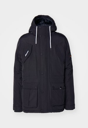 Fekete kapucnis téli dzseki, textúrált anyagból készült. Két elülső zsebe, egy könyök zsebe és zsinóros kapucnija van.