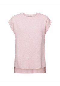 Haut en maille rose clair avec un col rond, des manches courtes, une texture côtelée et un ourlet arrière plus long. Design simple et moderne.