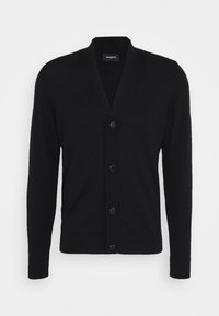 Svart kofta i mjuk stickad tyg, med djup V-ringning, långa ärmar, knappstängning fram och ribbade ärmslut.