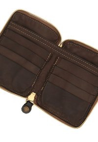 Portafoglio in pelle marrone con chiusura a zip, dotato di più slot per carte, texture liscia e dettagli in metallo dorato. Design interno mostrato.