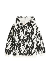 Sudadera con capucha en blanco y negro con grandes patrones de texto en negrita. Fabricada con tejido suave y con puños y dobladillo acanalados.