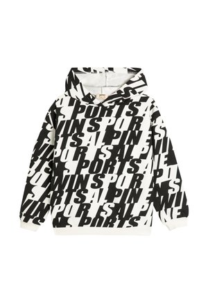 Sudadera con capucha en blanco y negro con grandes patrones de texto en negrita. Fabricada con tejido suave y con puños y dobladillo acanalados.