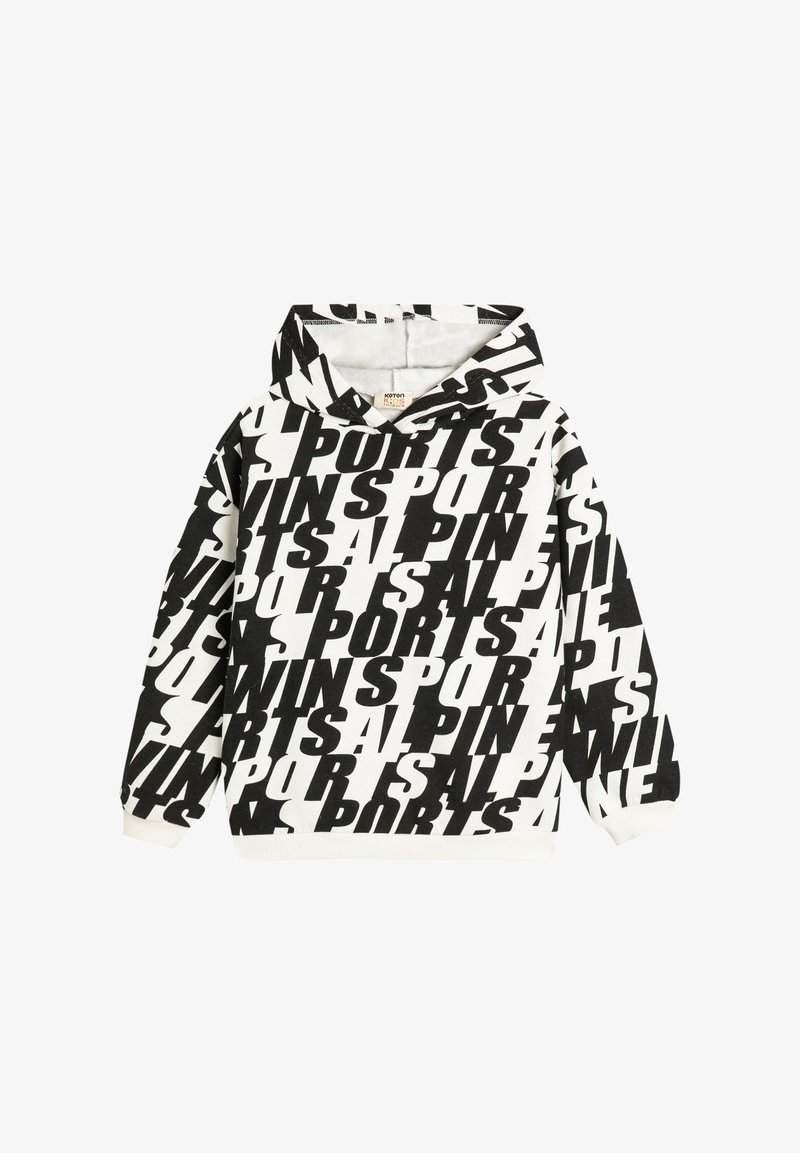 Sudadera con capucha en blanco y negro con grandes patrones de texto en negrita. Fabricada con tejido suave y con puños y dobladillo acanalados.