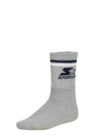 Graue Baumwollcrew-Socke mit geripptem Rand, ausgestattet mit einem navy-blauen und weißen gestreiften Band und dem "STARTER"-Logo in Navy am Knöchel. Weicher Stoff.