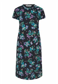 Kortärmad svart klänning med blommigt och fjärilstryck i nyanser av teal, rosa och lila, med rund halsringning och knälång längd.