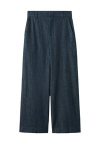 Pantalon large bleu foncé avec passants de ceinture et poches latérales, en tissu texturé, présenté à plat sur un fond blanc.