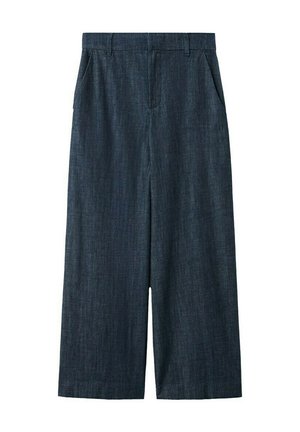 Pantalones de pierna ancha azul oscuro con trabillas y bolsillos laterales, hechos de tela texturizada, mostrados extendidos sobre un fondo blanco.