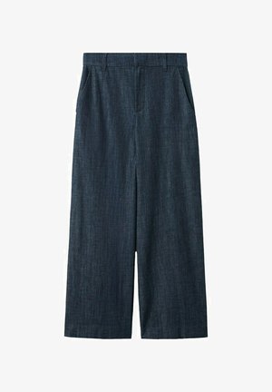 Pantalones de pierna ancha azul oscuro con trabillas y bolsillos laterales, hechos de tela texturizada, mostrados extendidos sobre un fondo blanco.