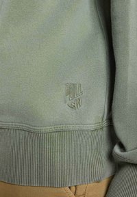 Sweat à capuche vert avec une finition côtelée en bas et aux poignets, orné du logo brodé "PULL IN" sur le côté gauche, fabriqué en matériau doux au toucher lisse.