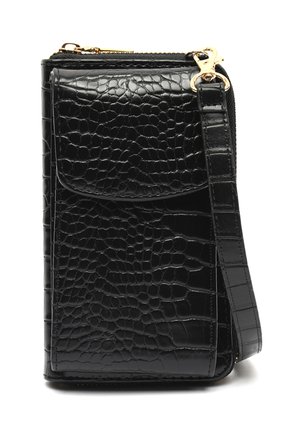 Black crocodile-embossed leather wallet with gold-tone hardware, a zip closure, front pocket, and detachable strap. Compact rectangular shape.