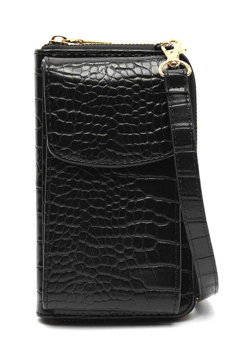 Portafoglio in pelle nero con stampa a coccodrillo, dotato di hardware dorato, chiusura a zip, tasca frontale e tracolla removibile. Forma rettangolare compatta.