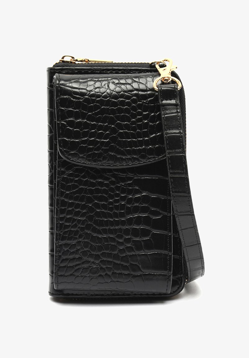 Čierna peňaženka z kože s embosovaním krokodíla, so zlatými detailmi, so zipsom, prednou kapsou a odnímateľným popruhom. Kompaktný obdĺžnikový tvar.