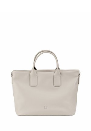 Sac fourre-tout en cuir beige avec poignées courtes, fermeture éclair et le logo "DU DU" embossé sur le devant. Texture lisse et design minimaliste.