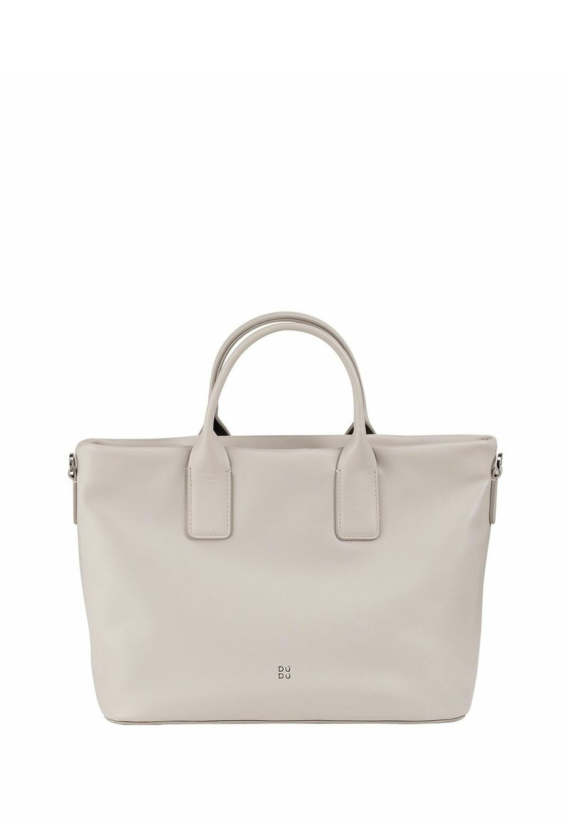 Beige Leder-Shopper mit kurzen Griffen, einem Reißverschluss und dem Logo "DU DU" auf der Vorderseite geprägt. Glatte Textur und minimalistisches Design.