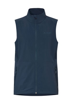 Gilet senza maniche blu navy con collo alto, cerniera frontale, due tasche laterali con cerniera e piccolo logo sul petto sinistro.