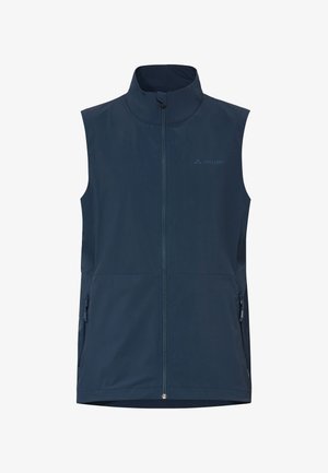 Gilet senza maniche blu navy con collo alto, cerniera frontale, due tasche laterali con cerniera e piccolo logo sul petto sinistro.