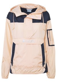 Lätt, färgblockerad anorakjacka i persika och marinblå. Har huva, framficka och nätdetalj på vänster ärm. Sl�ät, nylonmaterial.