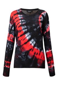 Pull noir avec un motif tie-dye rouge et blanc, col rond, manches longues et clous argentés décoratifs à l'avant.