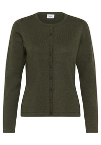 Olive rohelise värvi kardigan, mis on valmistatud tekstuursed kudumiseks, sisaldab ümmargust kaelust, pikki varrukaid ning ees seitse metallist nööpi.