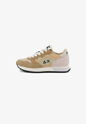 Tan and pink suede sneakers with a white sole, black rubber outsole, and glittery star logo detail on the side. White shoelaces and tongue.