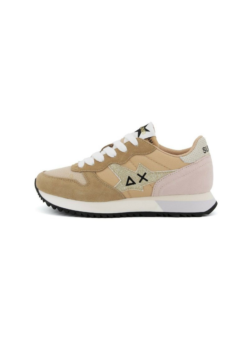 Tan and pink suede sneakers with a white sole, black rubber outsole, and glittery star logo detail on the side. White shoelaces and tongue.