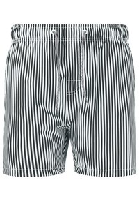 Schwarz-weiß gestreifte Badehorts mit einem elastischen Bund, Schnürverschluss und einer Vordertasche. Der Stoff ist leicht und glatt.