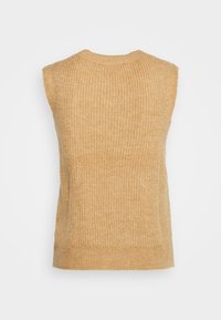 Sleeveless camel-colored knit sweater vest with a ribbed texture and round neckline, displayed on a white background.