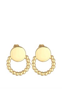 Gouden oorbellen met een ronde stud en een hoepelontwerp van kralen. Gladde oppervlakte met een gepolijste afwerking, lichte constructie.