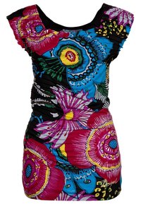 Top floreale multicolore con un design aderente. Presenta vivaci motivi rosa, blu e verdi su un tessuto elasticizzato e con texture.