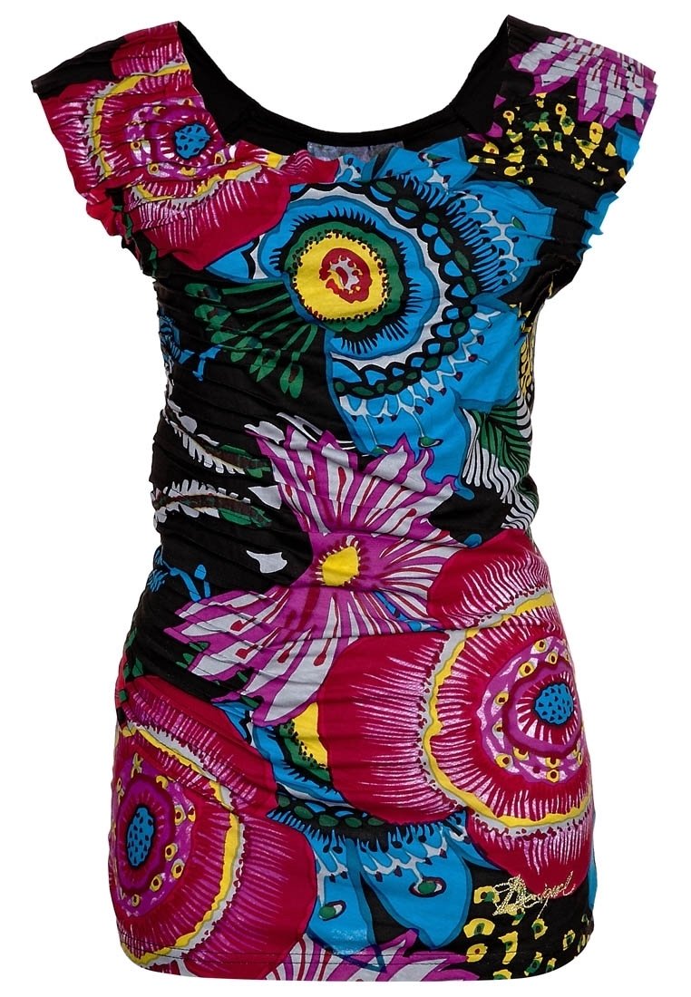 Top floreale multicolore con un design aderente. Presenta vivaci motivi rosa, blu e verdi su un tessuto elasticizzato e con texture.